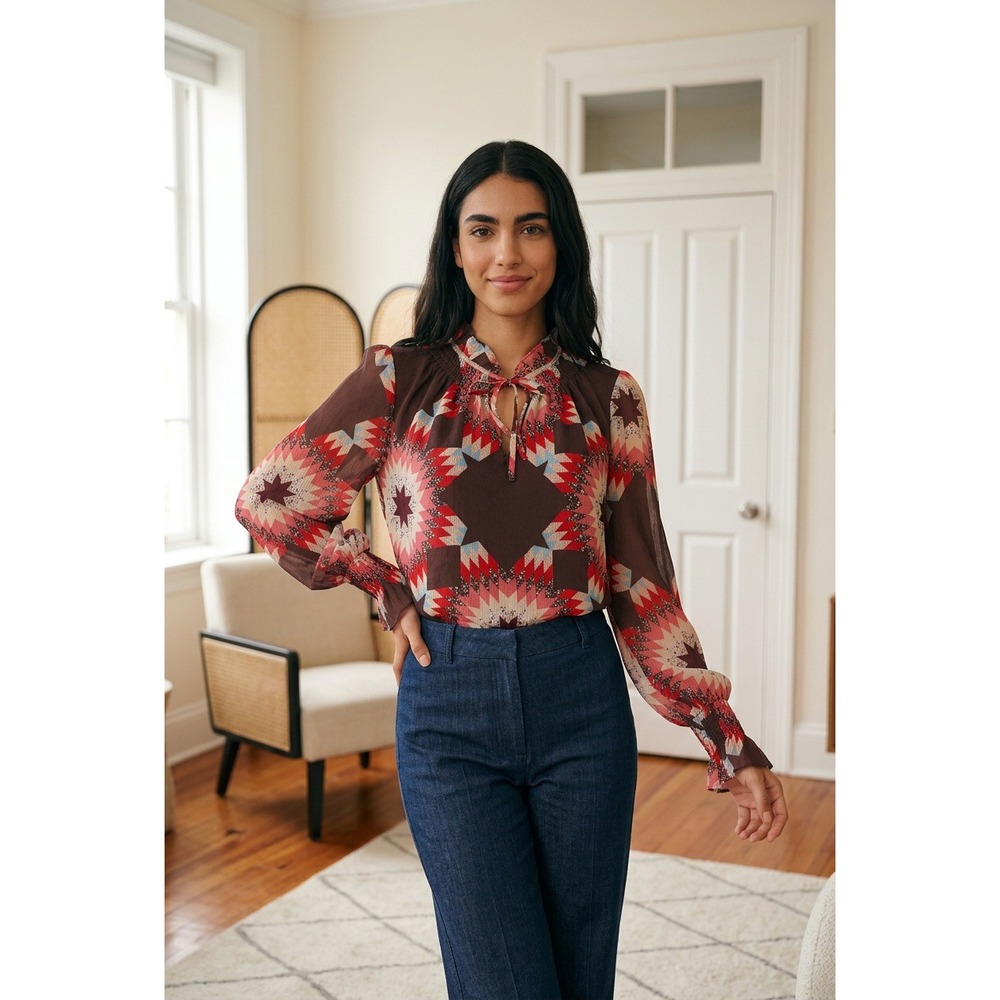 Loft Brown Starburst Geometric Ruffle Tie Neck Peasant Top Womens Med Celestrial